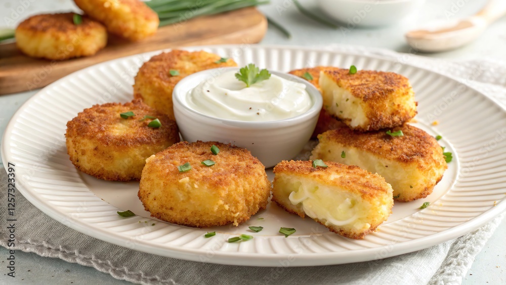 Crispy cheese fritters served with creamy dip on a round plate with fresh herbs Crispy cheese fritters served with creamy dip on a round plate with fresh herbs