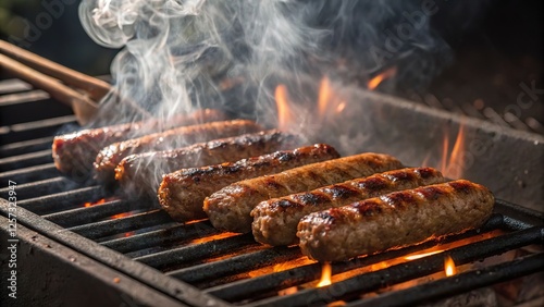 Close up of sizzling beef cevapi grilling on a hot barbecue with smoke and flames