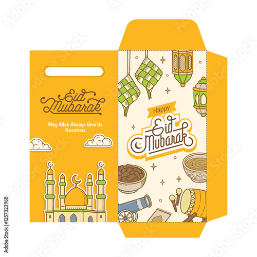 Eid Mubarak money envelope  packet template design words idul fitri with cute and colorful illustration. Indonesian Translation : Year of the ox