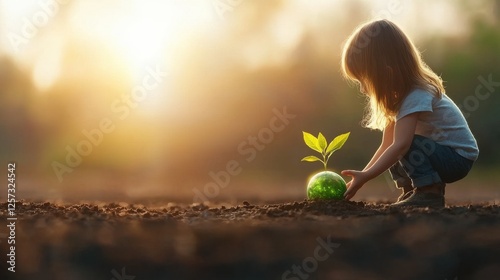 Child nurturing green plant outdoor nature setting close-up shot bright environment inspirational concept of growth and care