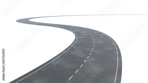 Realistic 3D render of an asphalt road curving into the distance. Isolated on transparent, providing ultimate flexibility for your design. Ideal for transportation or adventure themes.