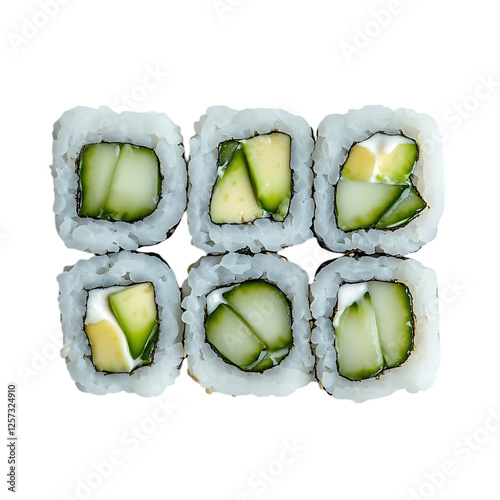 Fresh sushi rolls, avocado, cucumber, food display, perfect for restaurant menu photo