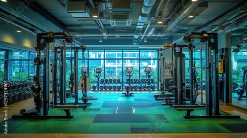 Modern gym interior with equipment, city view, workout photo