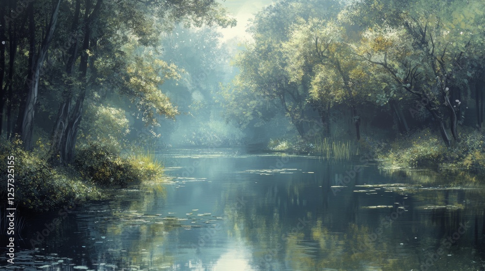 Fototapeta premium A tranquil lakeside with calm waters, surrounded by lush green trees.