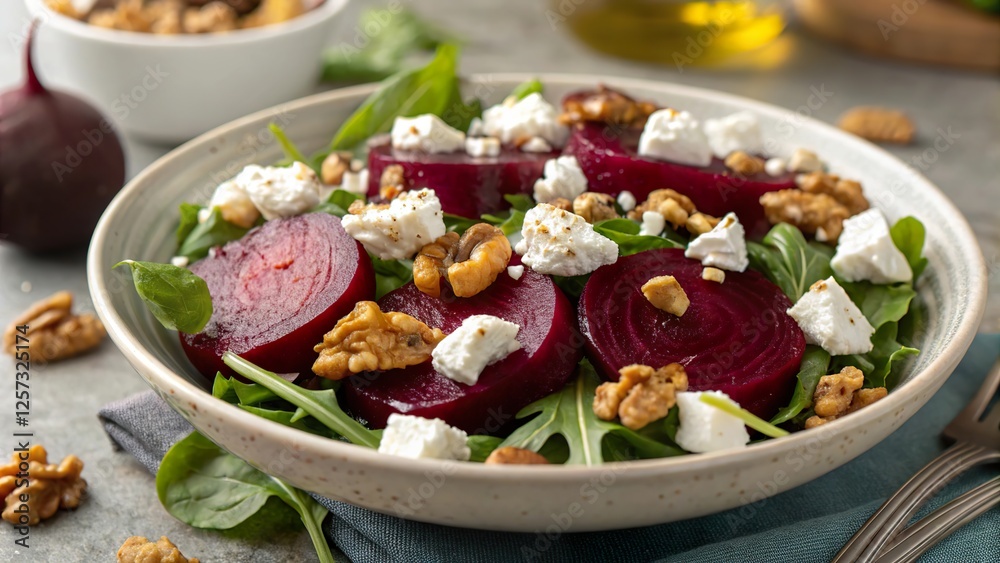 Freshly roasted beets served on a bed of greens with creamy goat cheese and crunchy walnuts in a rustic bowl Freshly roasted beets served on a bed of greens with creamy goat cheese and crunchy walnuts in a rustic bowl