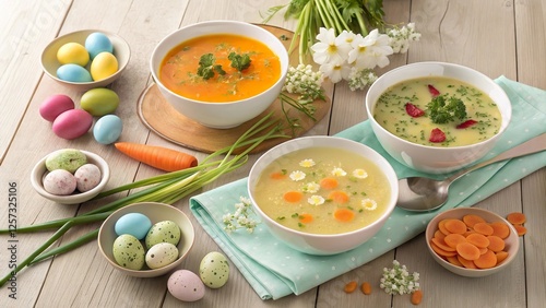 Festive Easter soups and broths served with colorful eggs and fresh flowers in a bright kitchen setting