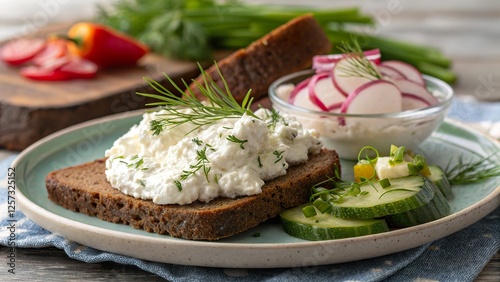 Fresh cottage cheese served on rye bread with dill, cucumber, and radish on a rustic table with green onion