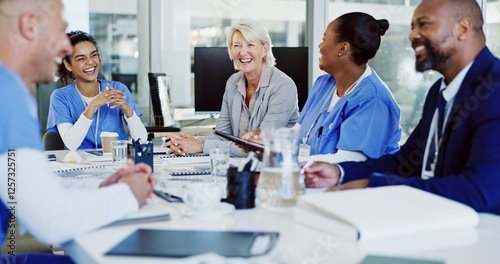 Boardroom, collaboration and healthcare with hospital manager speaking to staff for medical planning. Administration, corporate and management with professional talking to medicine team in clinic