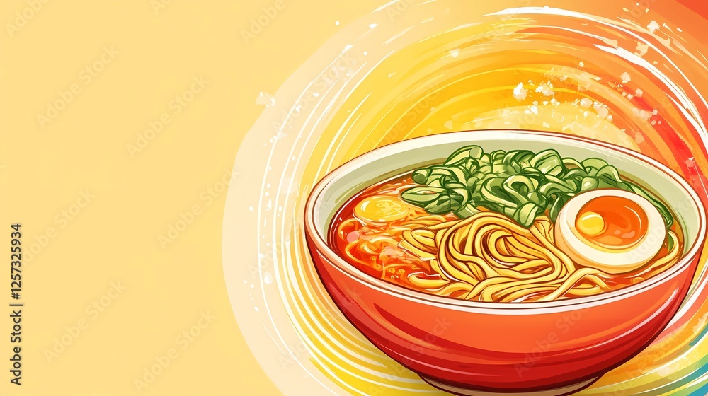 Aesthetic ramen illustration with soft textures and dynamic composition, designed for culinary art projects, digital media, and advertisements, graphic book style Aesthetic ramen illustration with soft textures and dynamic composition, designed for culinary art projects, digital media, and advertisements, graphic book style