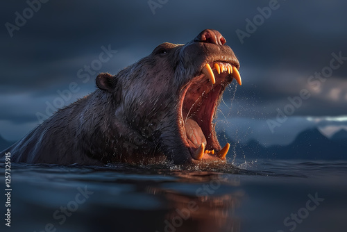 Wilder Bär im Wasser brüllt mit beeindruckenden Zähnen in dramatischer Atmosphäre  
 photo