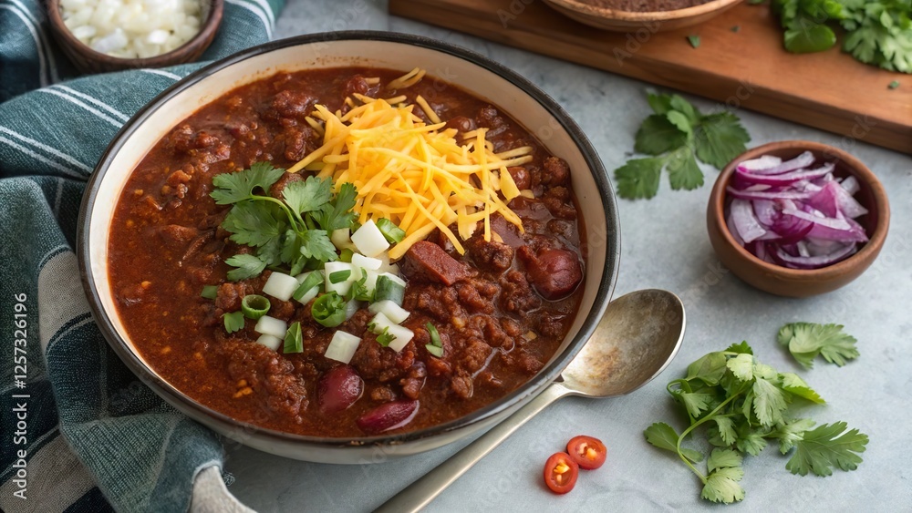 Delicious beef chili served in a large bowl topped with fresh cheese, herbs, and vegetables ready for sharing at a casual gathering Delicious beef chili served in a large bowl topped with fresh cheese, herbs, and vegetables ready for sharing at a casual gathering