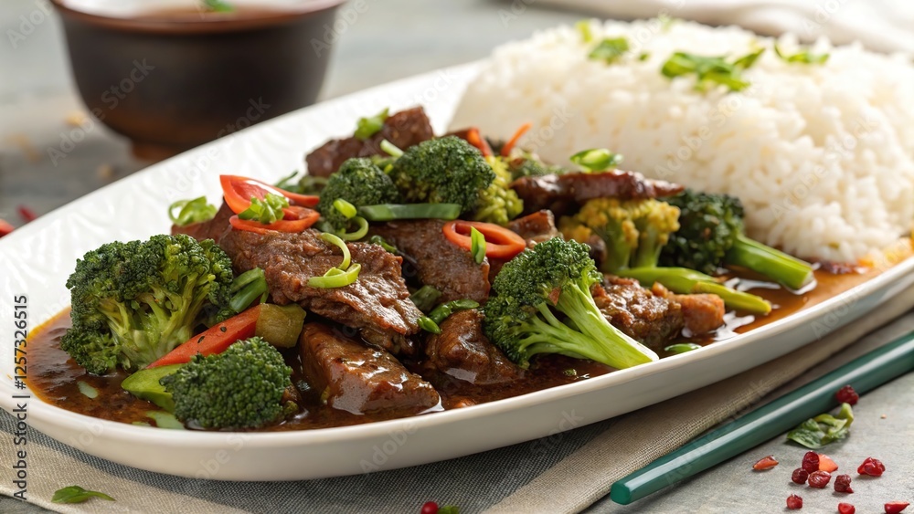 Delicious beef and broccoli stir fry served with steamed rice on a stylish plate with vibrant colors Delicious beef and broccoli stir fry served with steamed rice on a stylish plate with vibrant colors