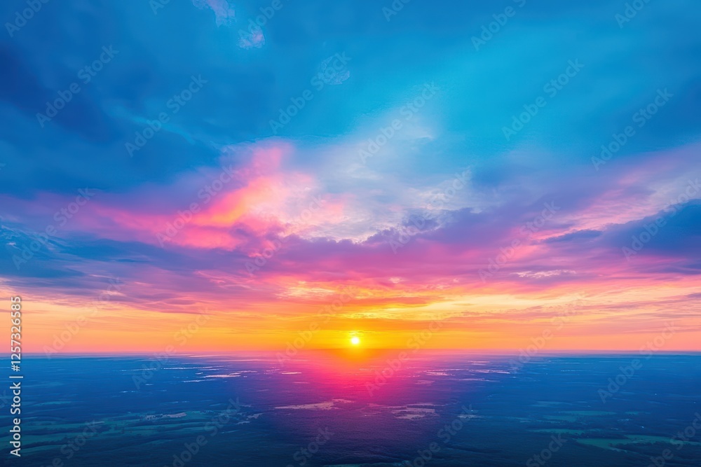 Obraz premium Colorful sunset over calm ocean waters with clouds reflecting the vibrant sky at twilight