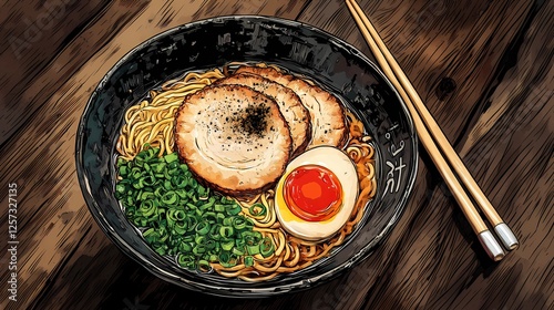 Steaming ramen bowl with intricate artistic details, suitable for restaurant decor, menu illustrations, and food-related editorial designs, classic pen-and-ink style
