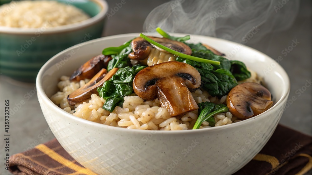 Whole grain rice topped with sautéed mushrooms and wilted greens served in a rustic bowl with steaming aroma in a cozy kitchen setting