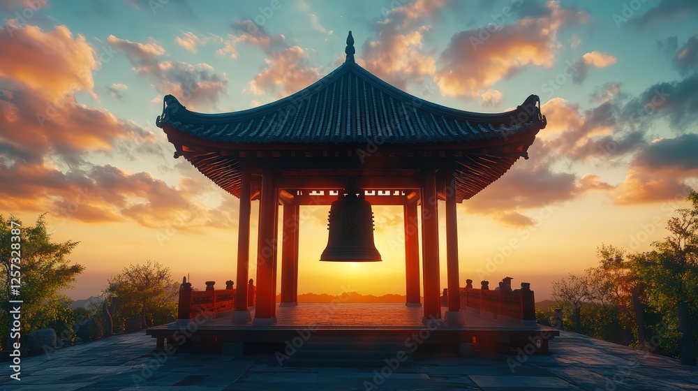 A temple house with a giant bell that rings at sunrise A temple house with a giant bell that rings at sunrise