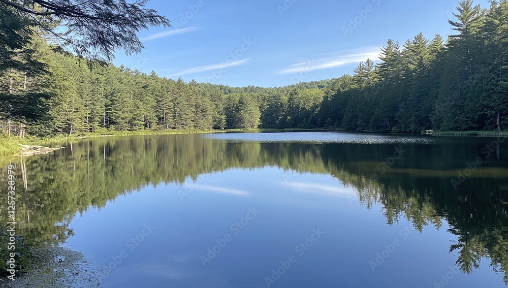 Serene Lake Reflects Tranquil Forest under a Summer Sky: Peaceful Nature Escape Serene Lake Reflects Tranquil Forest under a Summer Sky: Peaceful Nature Escape