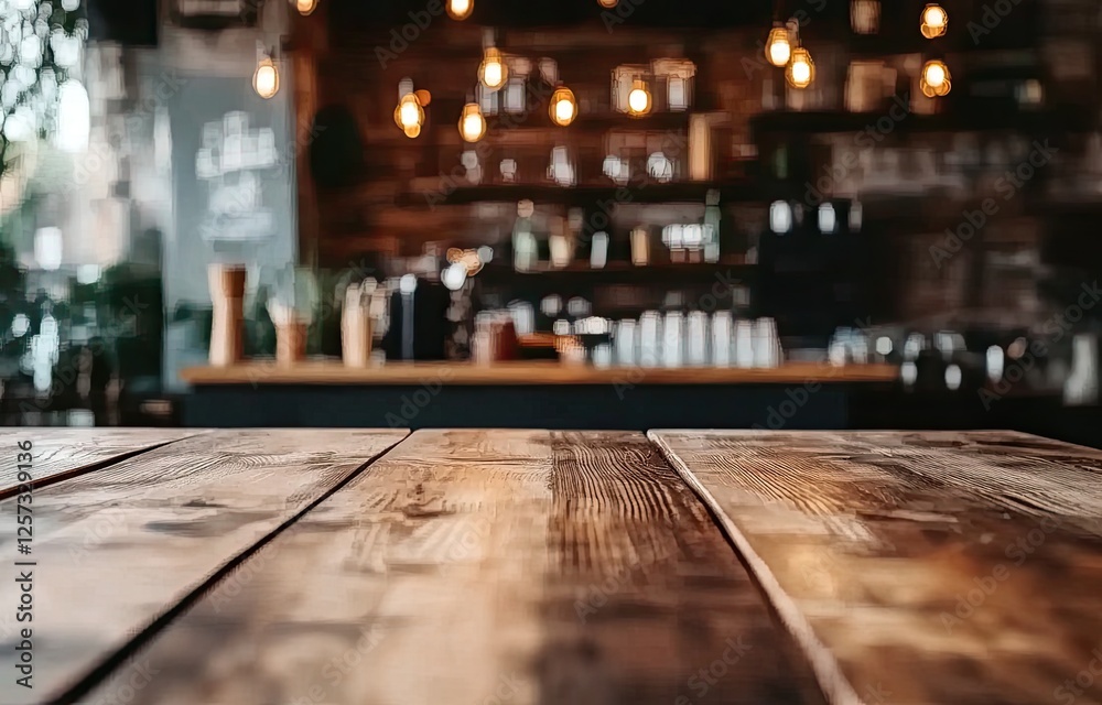 Rustic wooden table, cafe background, bokeh lights, product placement Rustic wooden table, cafe background, bokeh lights, product placement