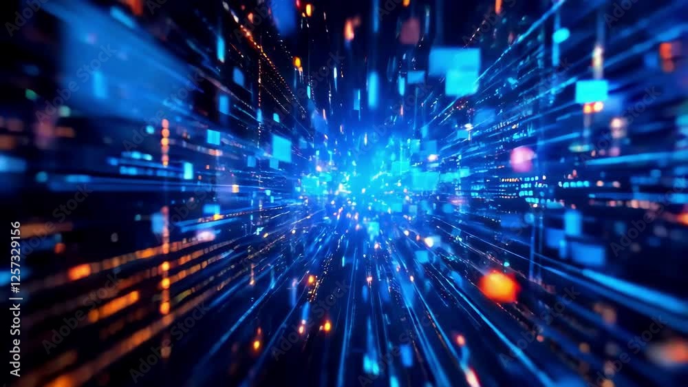 Big data information flow represented by digital grid space and glowing connections