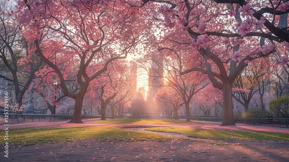 Naklejka premium Serene spring morning in a park with blooming cherry blossom trees and soft sunlight illuminating the scene