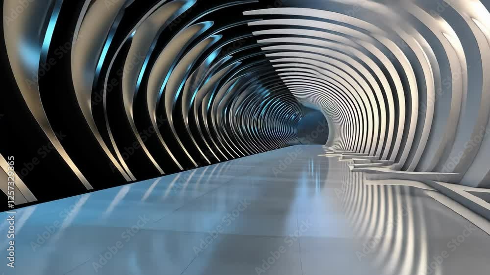 futuristic metallic curve shape tunnel , endless tunnel passage