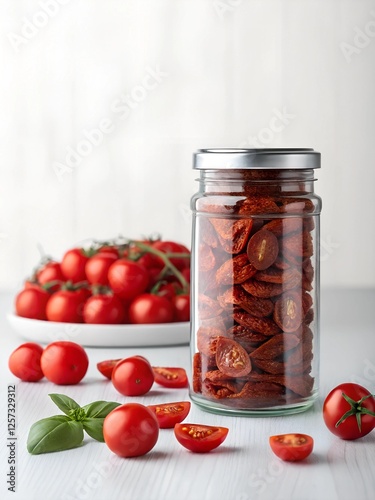 Sophisticated Display of Dried Tomatoes in a Glass Jar With Fresh Tomatoes on the Side