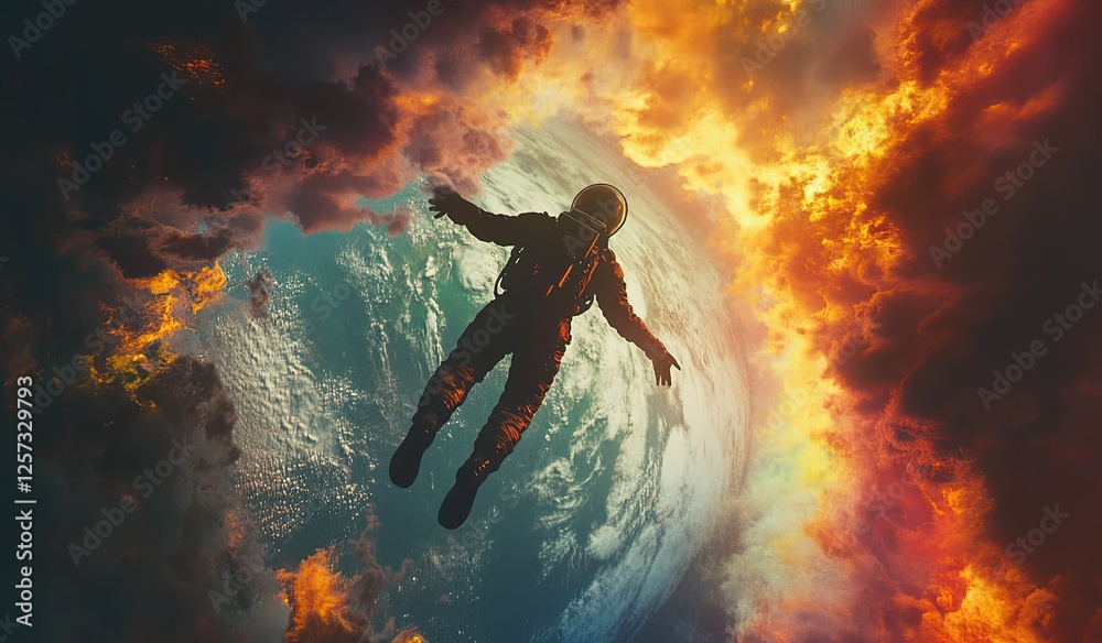 Naklejka premium Astronaut adrift in fiery clouds near Earth