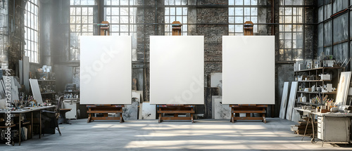 3D Illustration - Art Studio Scene with Blank Canvases, Brick Wall, and Art Supplies