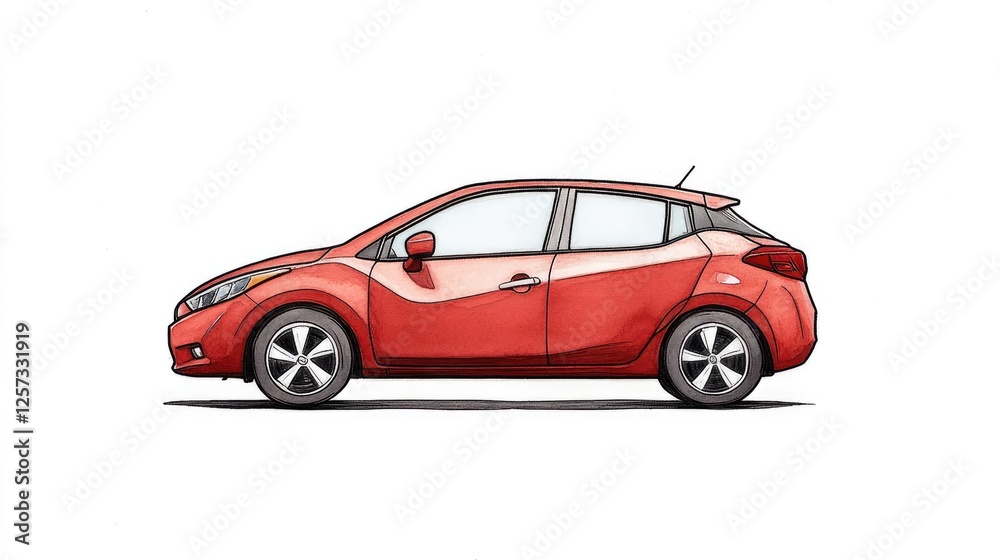 Side view of a vibrant red hatchback car parked on a minimalist background, showcasing its sleek design Side view of a vibrant red hatchback car parked on a minimalist background, showcasing its sleek design