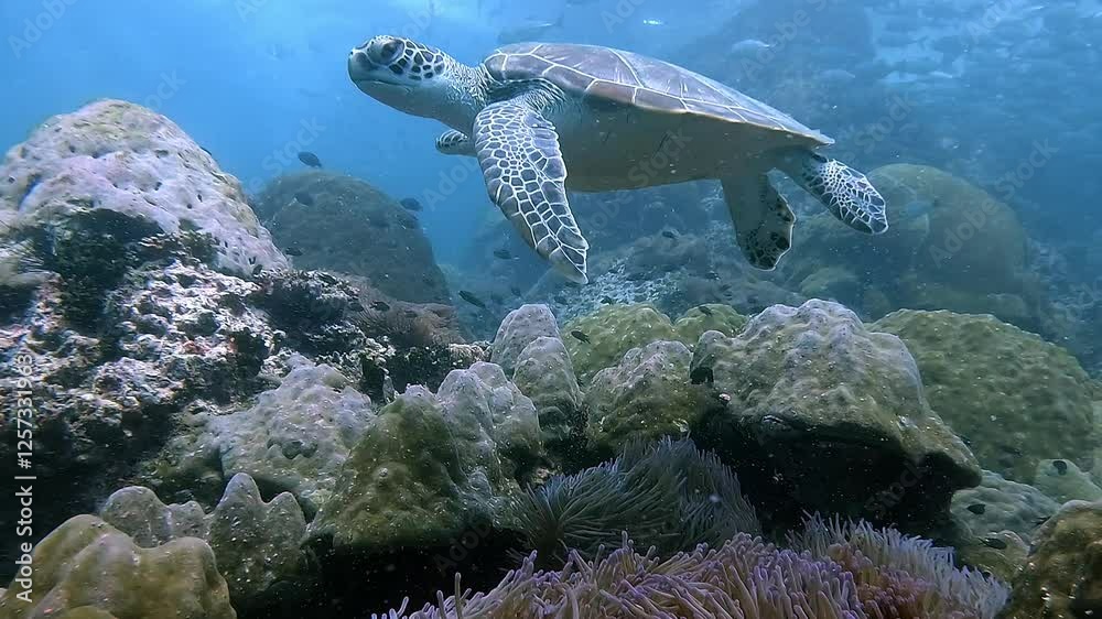 Juvenile green sea turtle (Chelonia mydas) gracefully glides above a vibrant reef at Sail Rock, Thailand