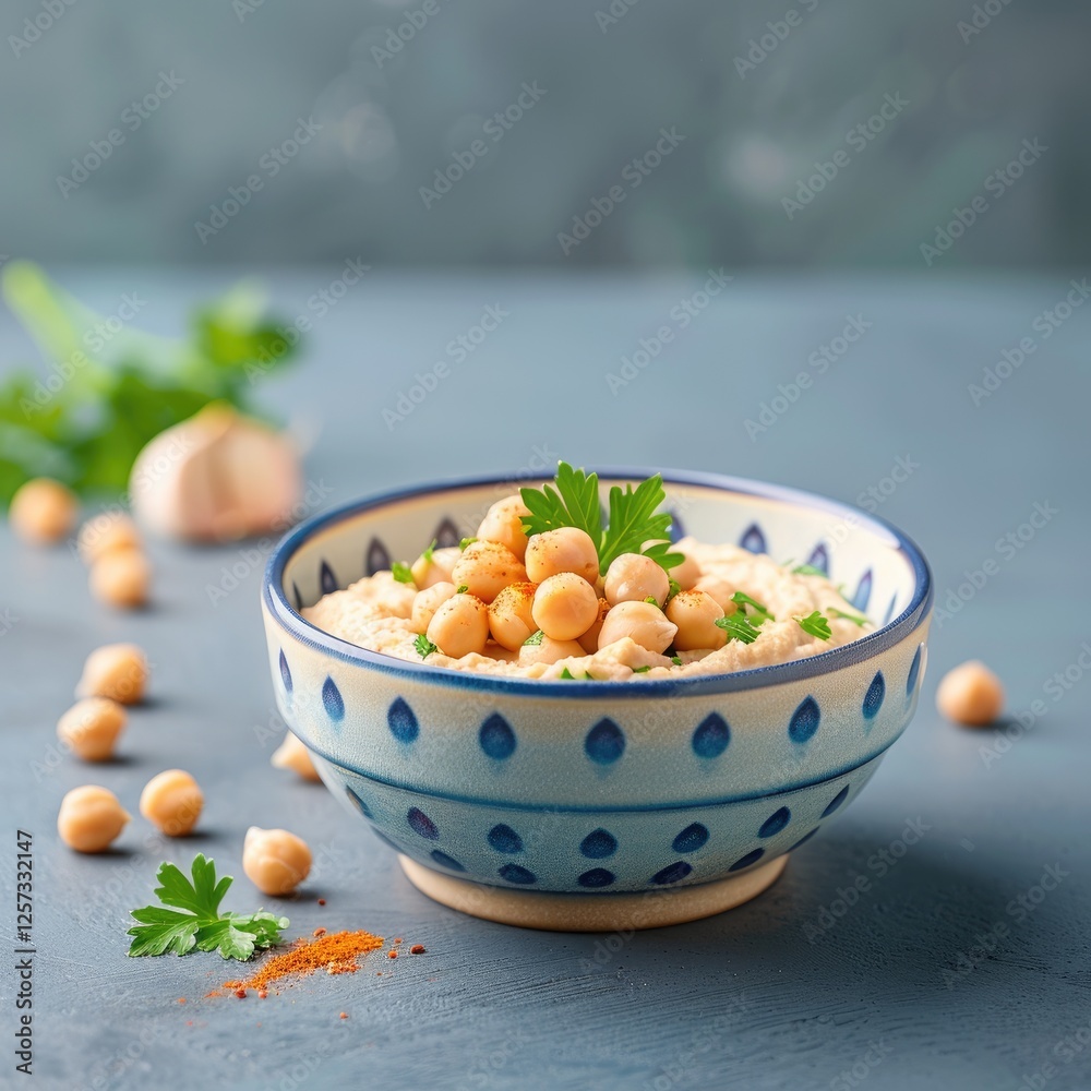 A bowl of creamy hummus topped with chickpeas and fresh parsley, surrounded by scattered chickpeas on a textured blue surface. A bowl of creamy hummus topped with chickpeas and fresh parsley, surrounded by scattered chickpeas on a textured blue surface.