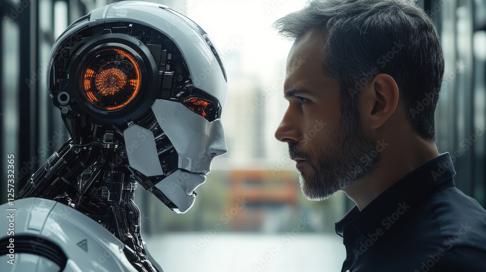 Fototapeta premium The face of a businessman and a robot opposite each other look into the eyes. Modern technologies, robot versus human, artificial intelligence, neural networks. 3D render, 3D illustration