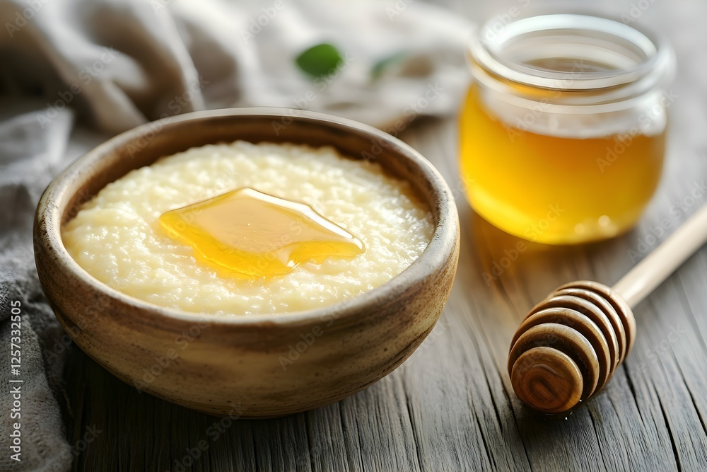 Homemade Rice Pudding in a Bowl with Honey Drizzle on a Rustic Wooden Table Setting Homemade Rice Pudding in a Bowl with Honey Drizzle on a Rustic Wooden Table Setting