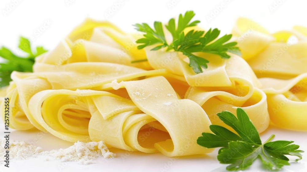 Fresh, fettuccine pasta garnished with parsley, showcasing a delightful, appetizing appearance on a clean, white background. Fresh, fettuccine pasta garnished with parsley, showcasing a delightful, appetizing appearance on a clean, white background.