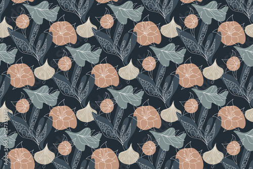 Seamless pattern with delicate line art flowers and abstract shapes in soft blush and blue tones on a dark background. Perfect for wallpaper, textiles