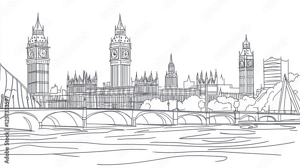 London skyline sketch, Houses of Parliament, river Thames, bridges, travel guide London skyline sketch, Houses of Parliament, river Thames, bridges, travel guide