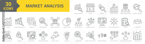 Market Analysis icon collection set. Containing market research, growth, segmentation, customer centricity, trends, sales, insight, data, competitor analysis, strategy, market icon. Simple line vector