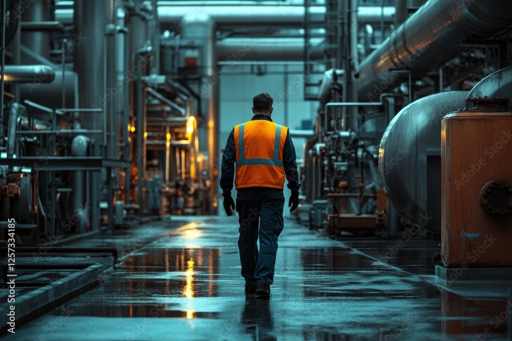 Fototapeta premium Industrial Worker Walking Through a Refinery at Night