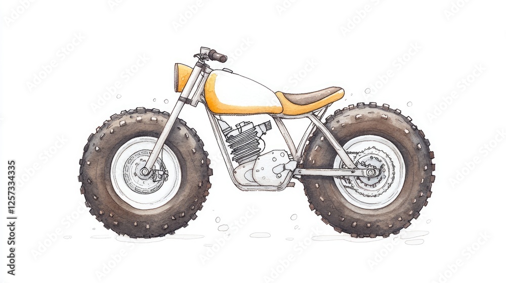 Illustrated off-road motorcycle with oversized tires, set against a minimalistic background Illustrated off-road motorcycle with oversized tires, set against a minimalistic background