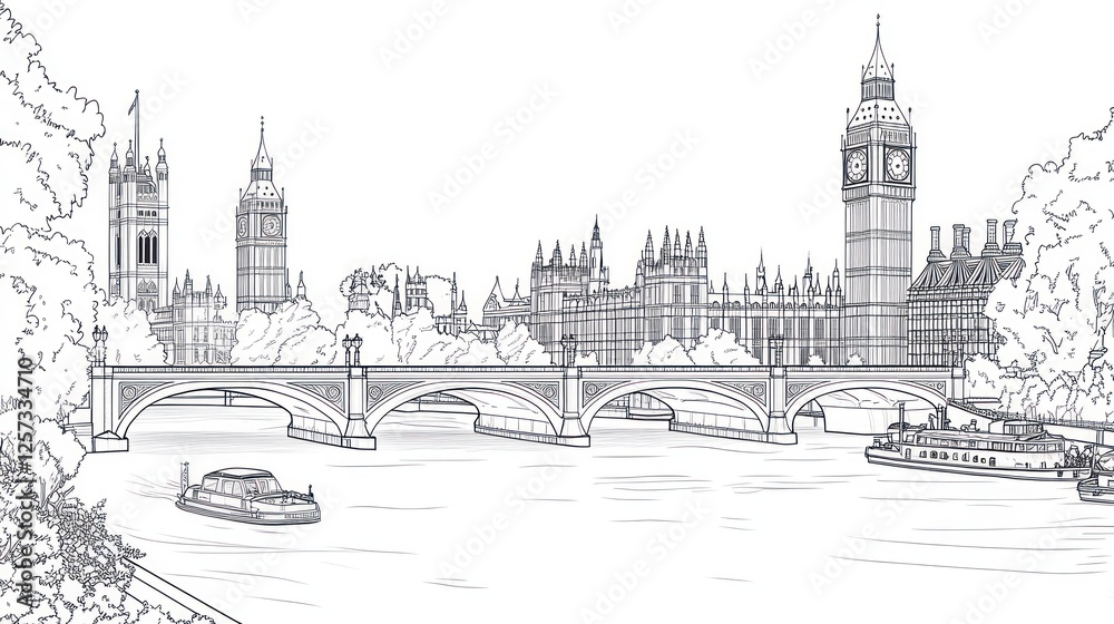 London cityscape sketch Houses of Parliament, Big Ben, river Thames, boat London cityscape sketch Houses of Parliament, Big Ben, river Thames, boat