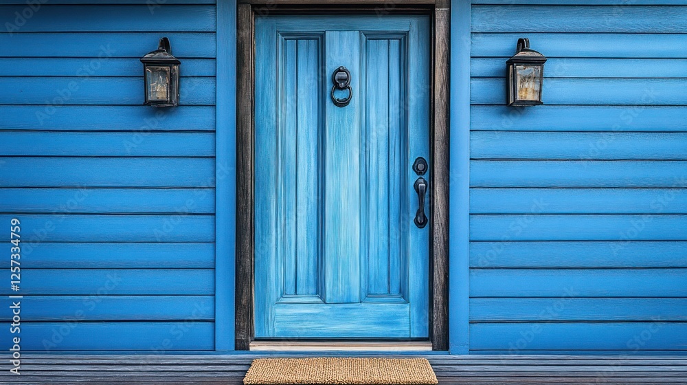 Blue door, house exterior, lanterns, welcome mat, daytime Blue door, house exterior, lanterns, welcome mat, daytime