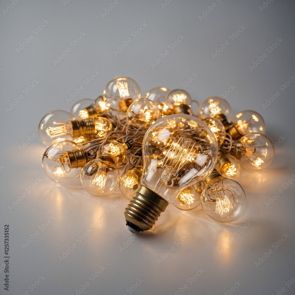 A transparent light bulb filled with golden fairy lights on a white background. A transparent light bulb filled with golden fairy lights on a white background.