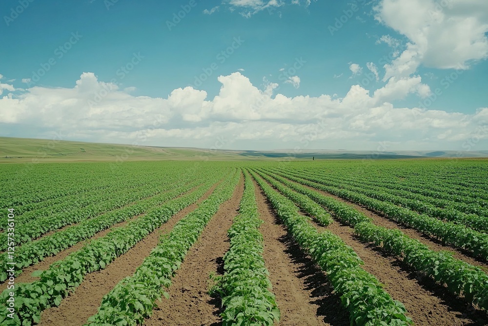 Vast Green Fields of Crops Growing Under a Sunny Sky, Agriculture, Farming, Plantation, Cultivation, Soil, Rows, Plants, Vegetables, Farming Industry, Rural Landscape