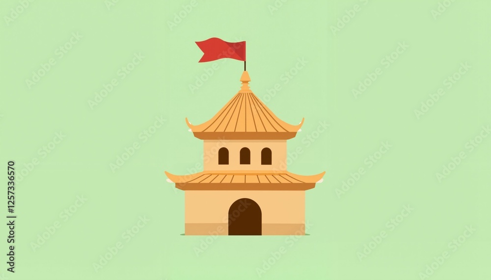 Pagoda with red flag on green background