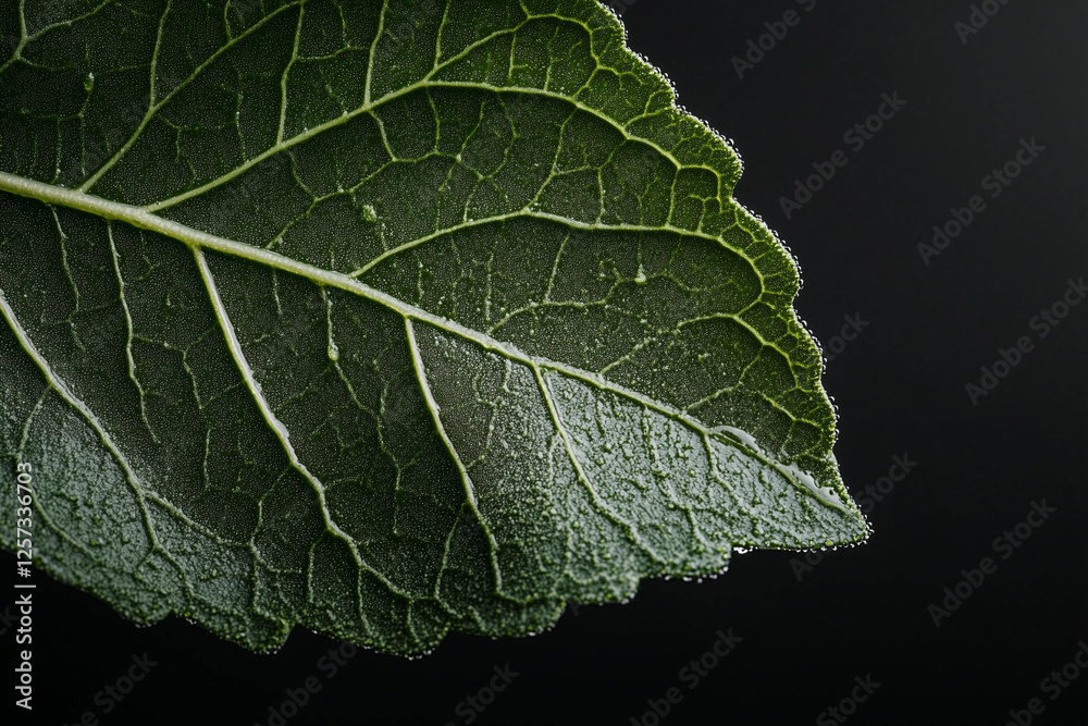 A macro shot of a leaf covered in fine dew drops, highlighting its intricate veins, rich green color, and natural texture.
A macro shot of a leaf covered in fine dew drops, highlighting its intricate veins, rich green color, and natural texture.