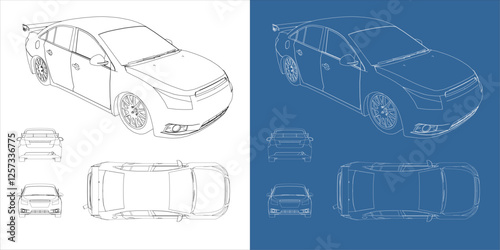 Custom Street Racing Drift Car Technical Line Art Vector Blueprint