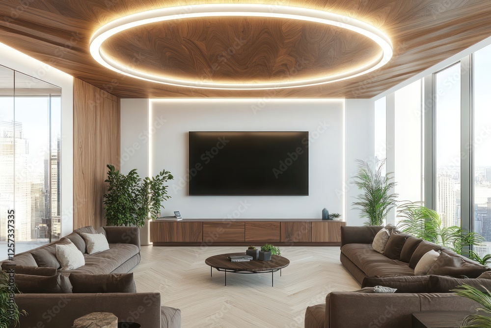 Fototapeta premium Modern office lounge with city view, large screen, and wooden accents