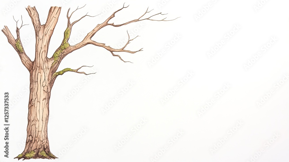 Obraz premium Detailed illustration of a bare tree with intricate bark and moss, set against a plain background