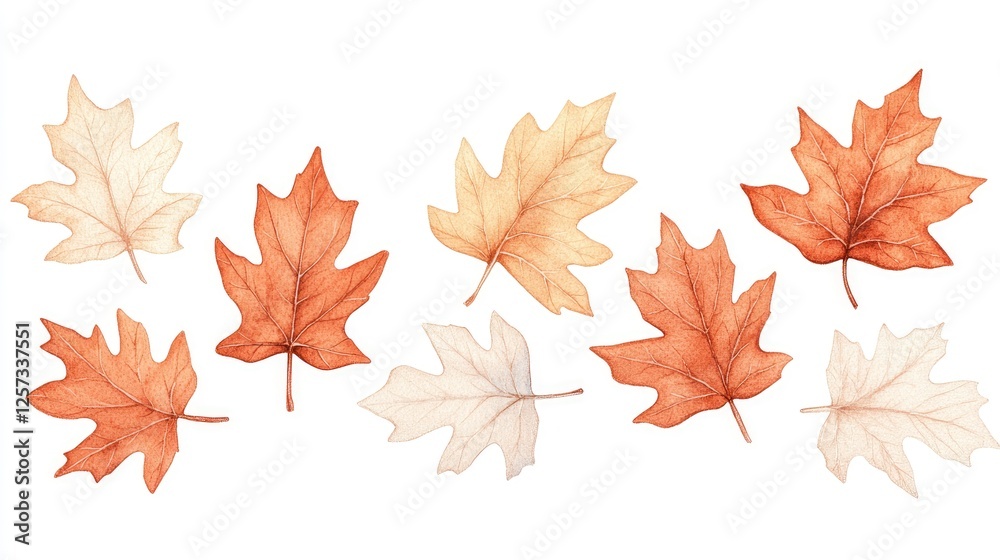 Autumn leaves in varying shades of orange and white arranged artistically on a white background Autumn leaves in varying shades of orange and white arranged artistically on a white background