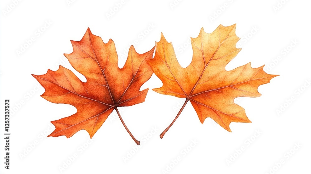 Fototapeta premium Two vibrant orange maple leaves arranged symmetrically on a white background, showcasing autumn beauty